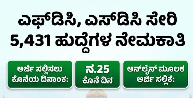 ಎಫ್‌ಡಿಸಿ, ಎಸ್‌ಡಿಸಿ ಸೇರಿ 5,431 ಹುದ್ದೆಗಳ ನೇಮಕಾತಿ: ಅರ್ಜಿ ಸಲ್ಲಿಕೆ ಆರಂಭ, ನ.25 ಕೊನೆ ದಿನ